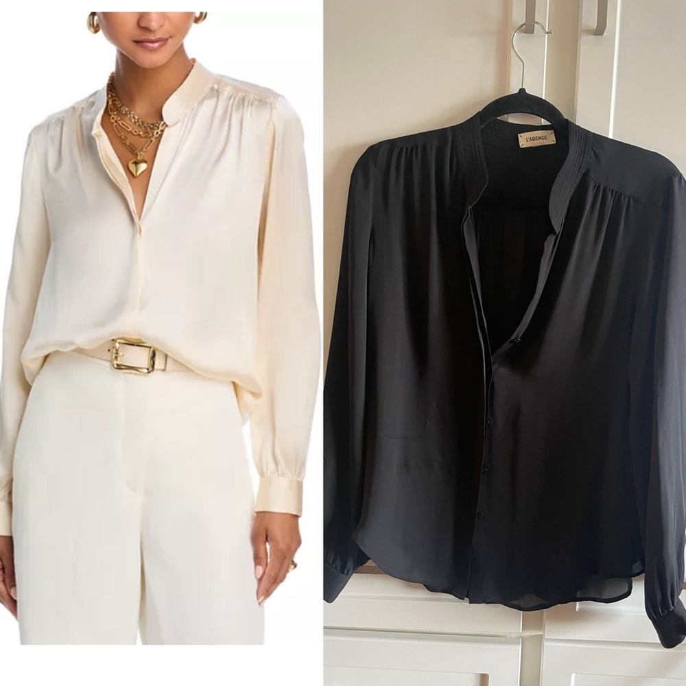 L'AGENCE Bianca Silk Banded Collar Black Blouse Sz S